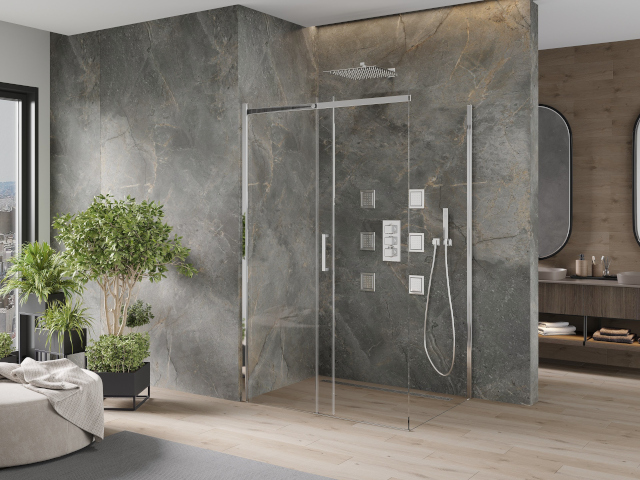 Sötét márvány csempék a fürdőszobában