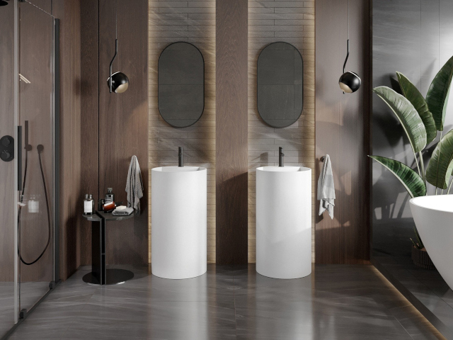 Szürke márvány burkolatok a fürdőszobában