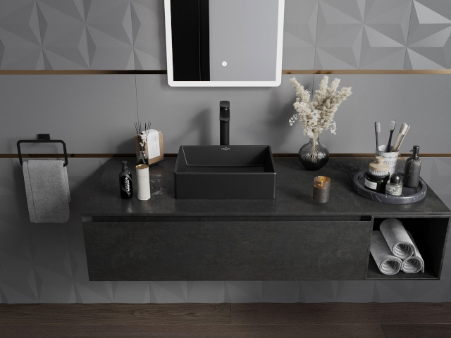 Stílusos fekete mosdószekrény fürdőszobai elrendezés