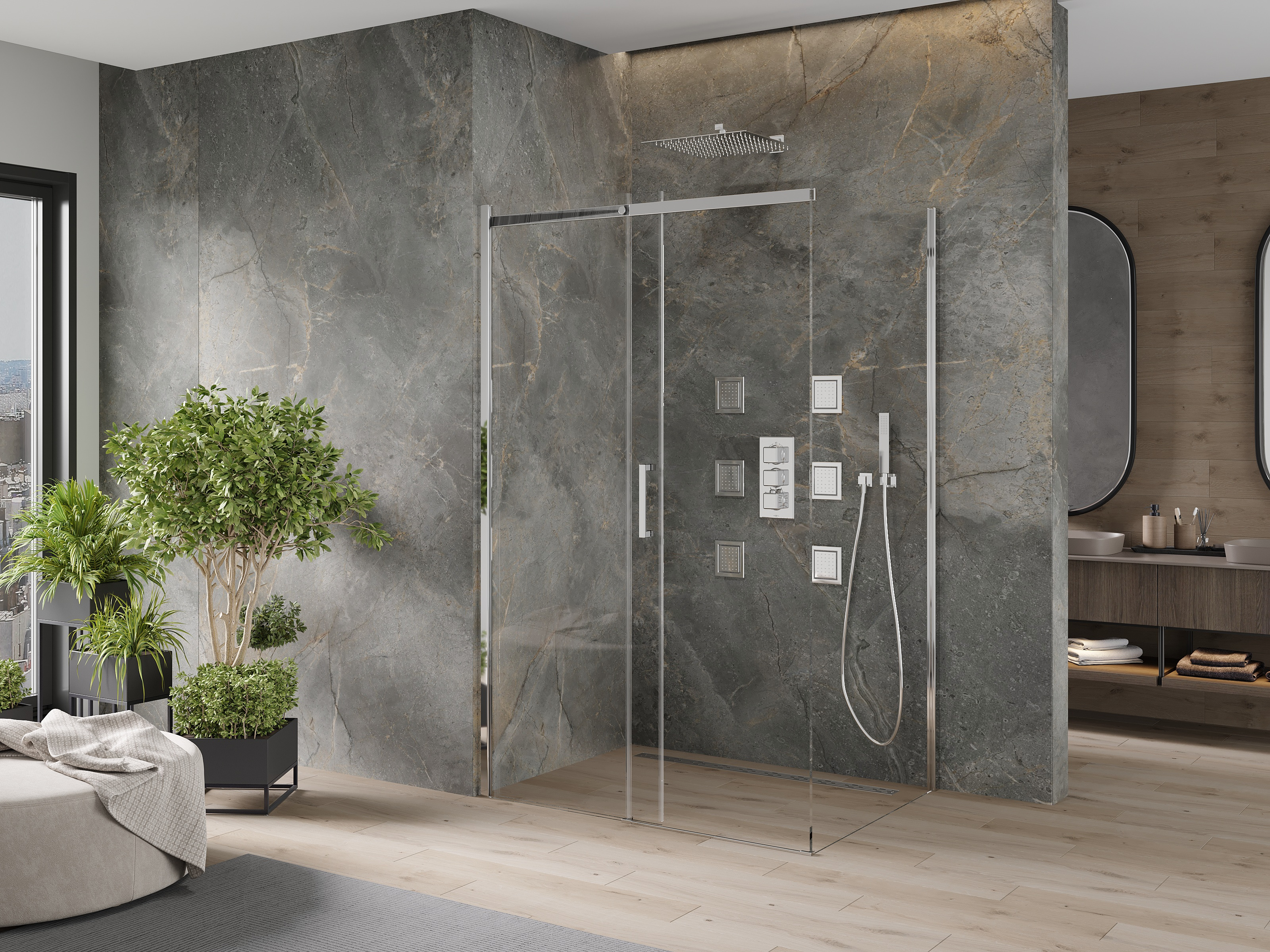 Minimalista zuhanykabin kőből