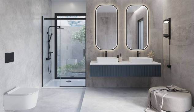 Modern fürdőszoba két pultba süllyesztett mosdóval