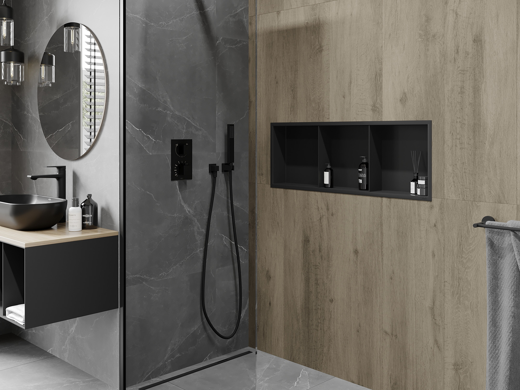 Ipari fürdőszoba beépített zuhanypolccal