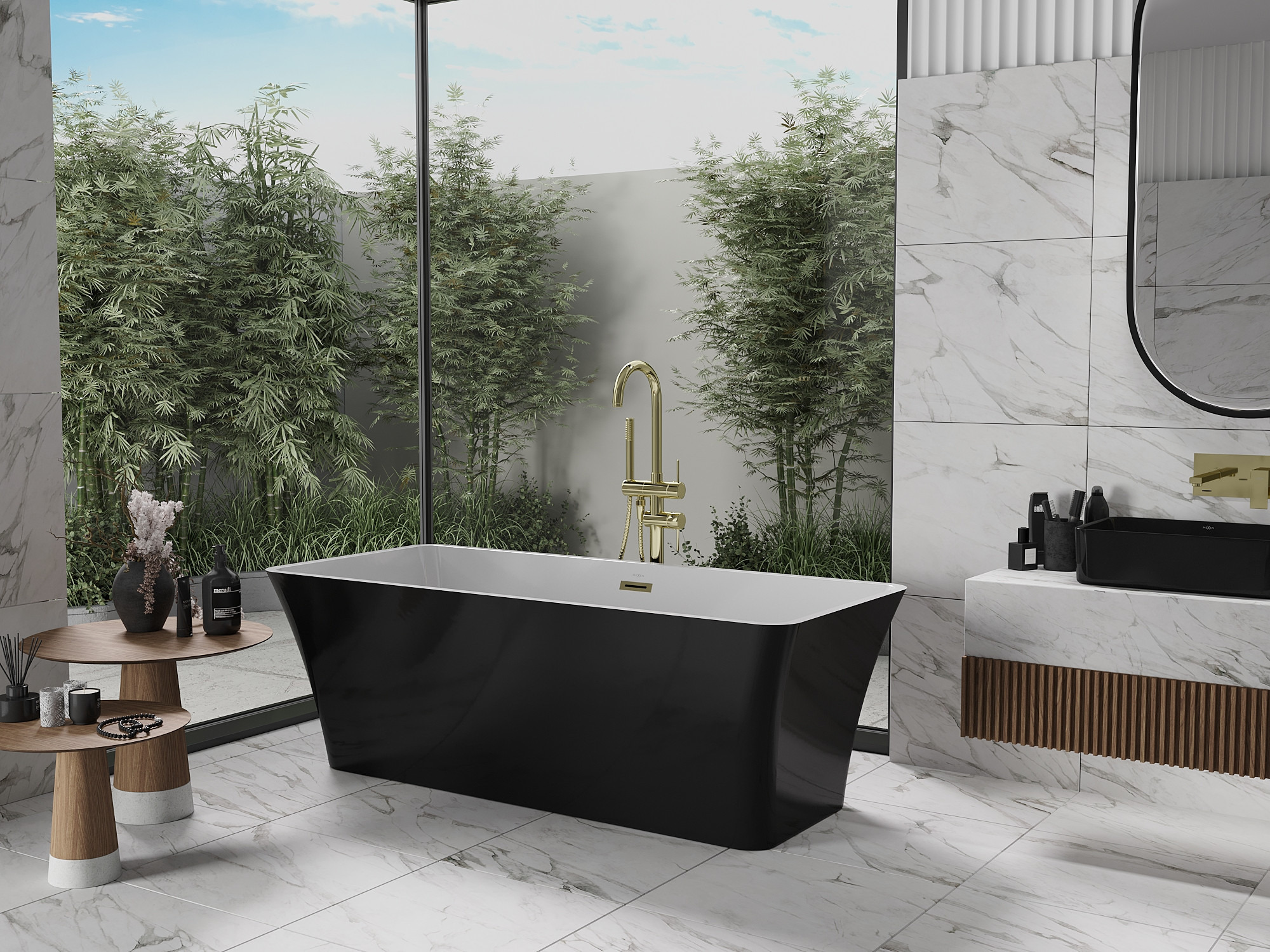 A fekete és az arany kombinációja a márvány fürdőszobában