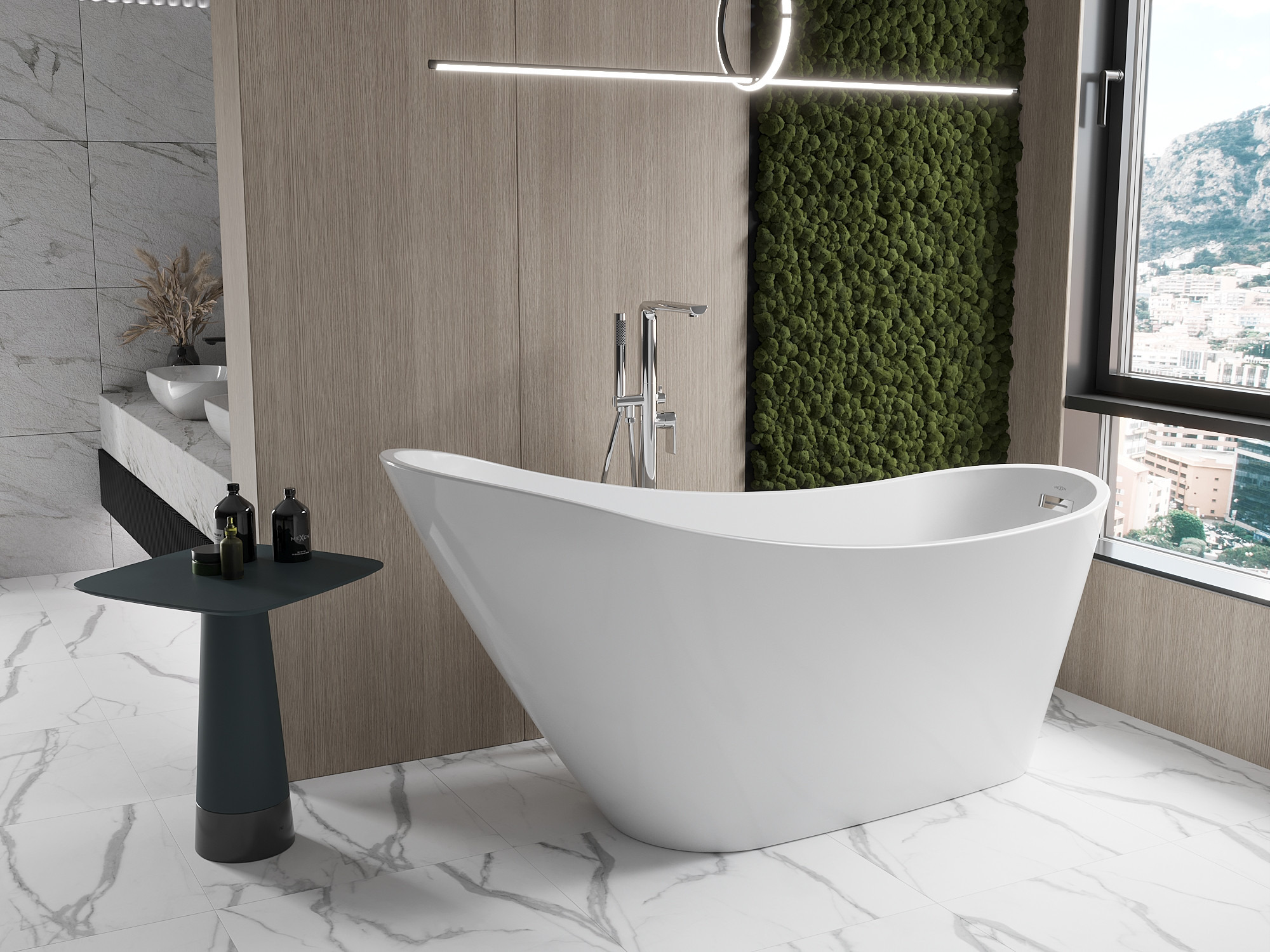 Kényelmes fürdőszoba földszínekkel - moha fal