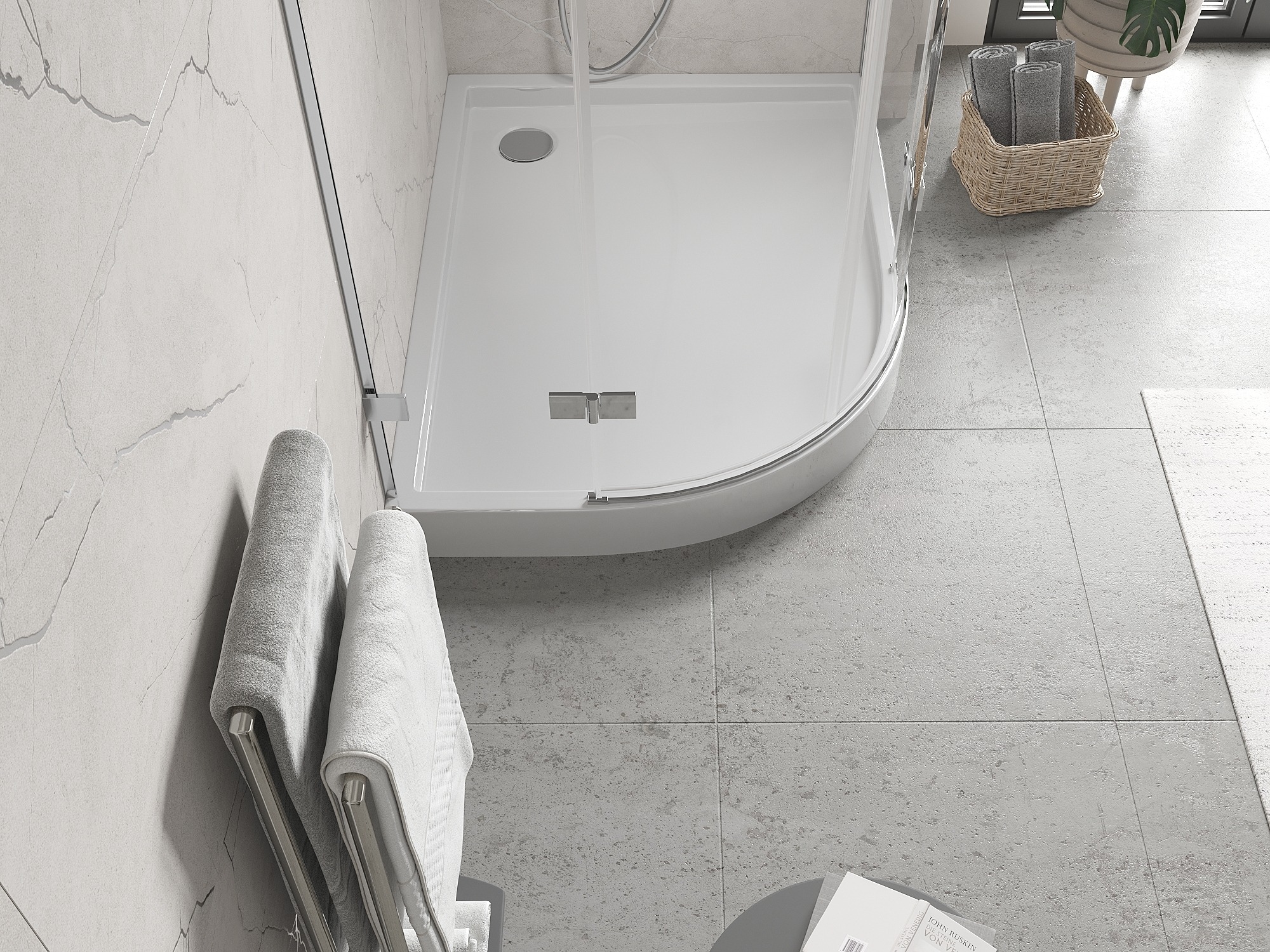 Aszimmetrikus félkör alakú zuhanytálca a fürdőszobába