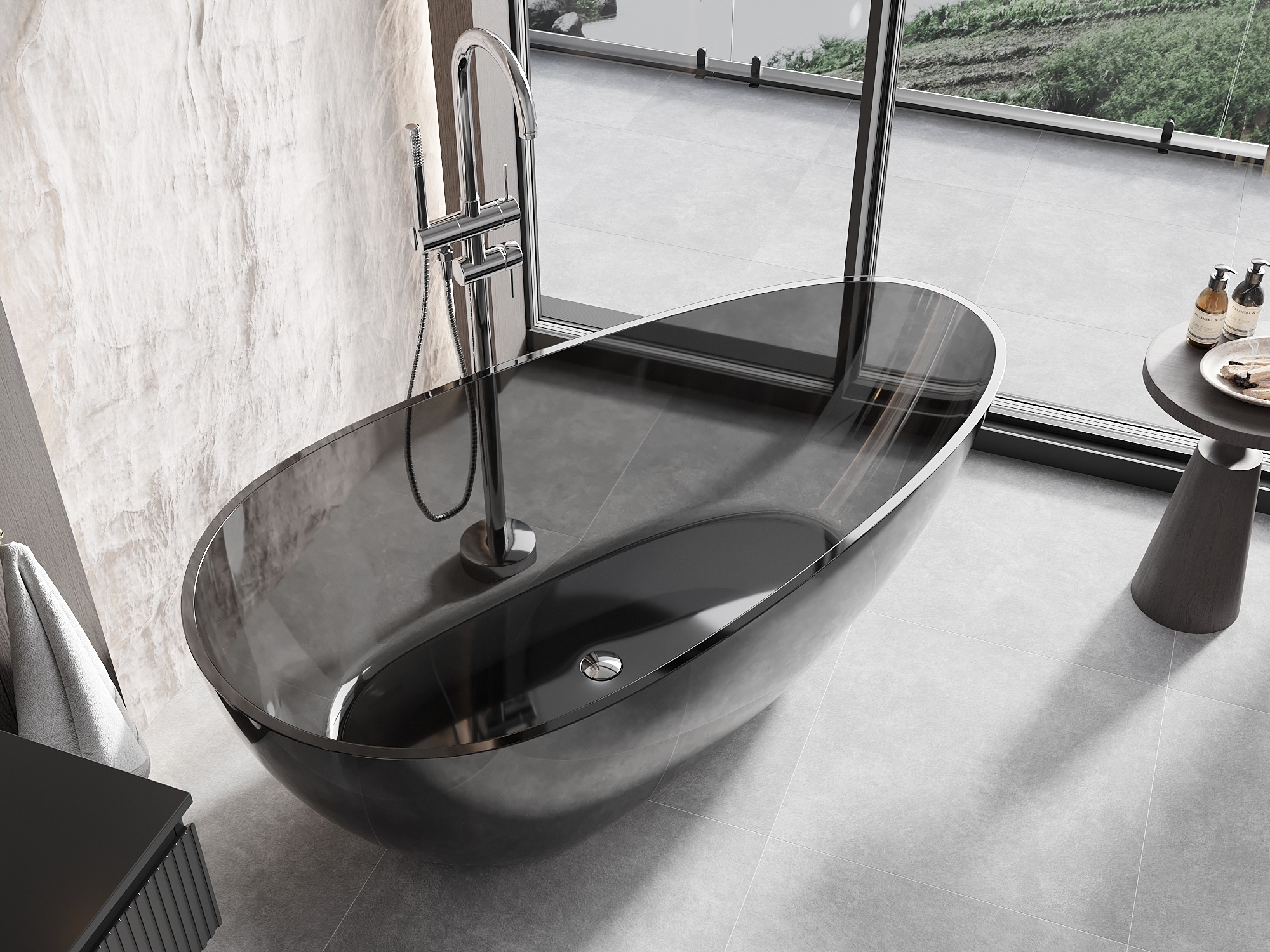 Átlátszó gyanta fürdőkád a fürdőszobában