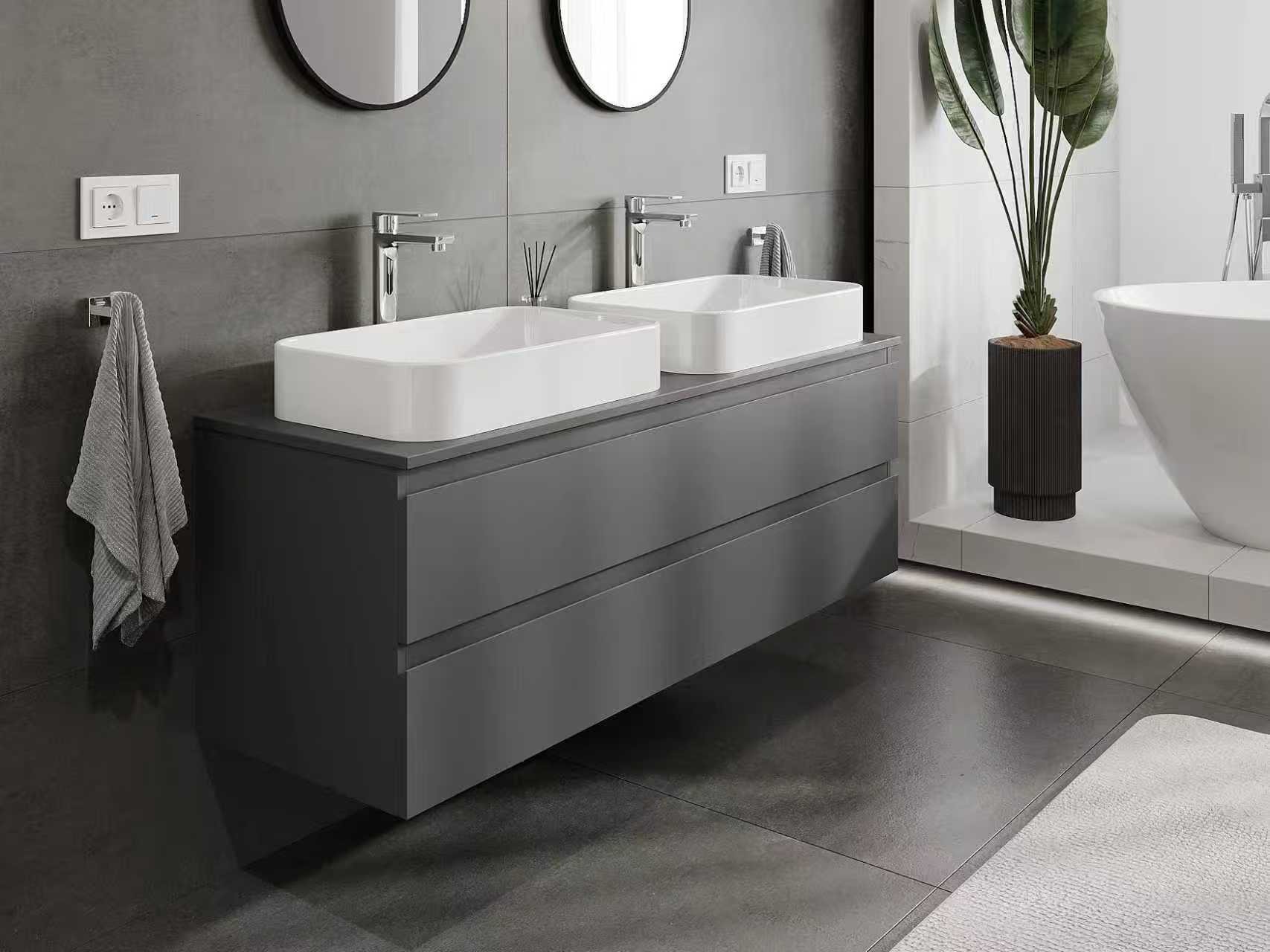 Antracit színű fürdőszobaszekrény két mosdóval